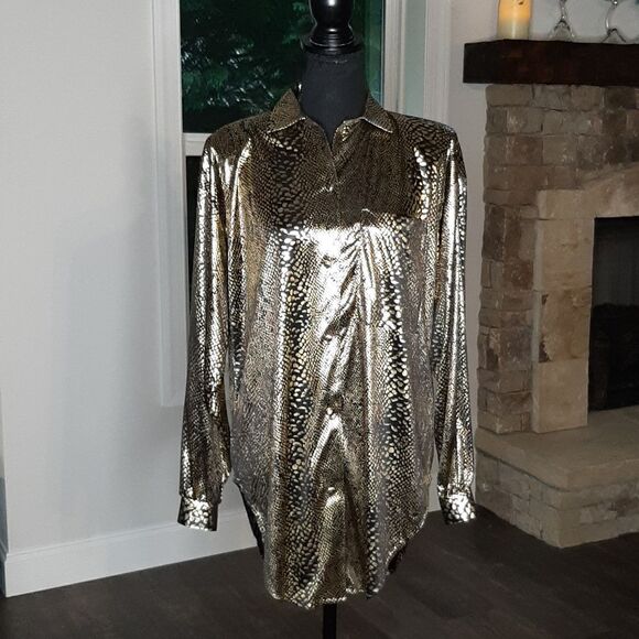Claudia Barnes Vintage Gold and Black Snakeskin Print Long Sleeve Button Down - Picture 1 of 9